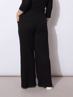 Black Rib Drawstring Straight Pants-SASSAFRAS Curve