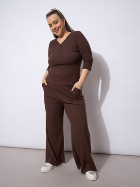 Dark Brown Rib Drawstring Straight Pants-SASSAFRAS Curve