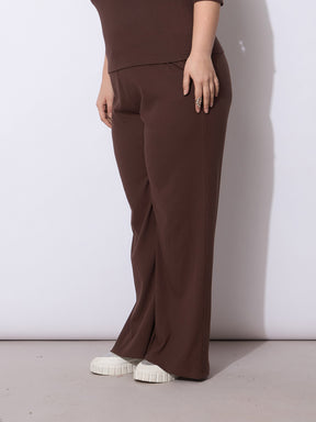 Dark Brown Rib Drawstring Straight Pants-SASSAFRAS Curve