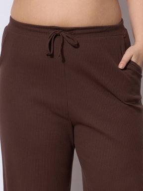 Dark Brown Rib Drawstring Straight Pants-SASSAFRAS Curve