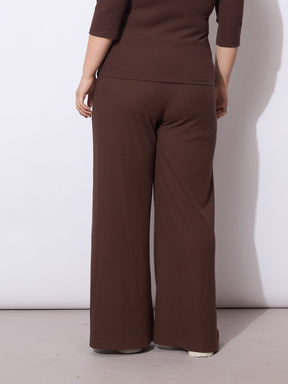 Dark Brown Rib Drawstring Straight Pants-SASSAFRAS Curve