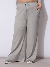 Grey Rib Drawstring Straight Pants-SASSAFRAS Curve