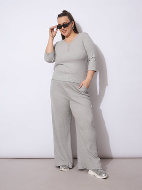 Grey Rib Drawstring Straight Pants-SASSAFRAS Curve
