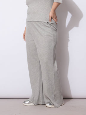 Grey Rib Drawstring Straight Pants-SASSAFRAS Curve