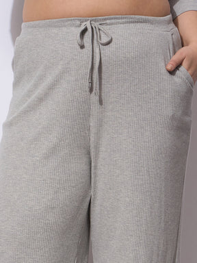 Grey Rib Drawstring Straight Pants-SASSAFRAS Curve