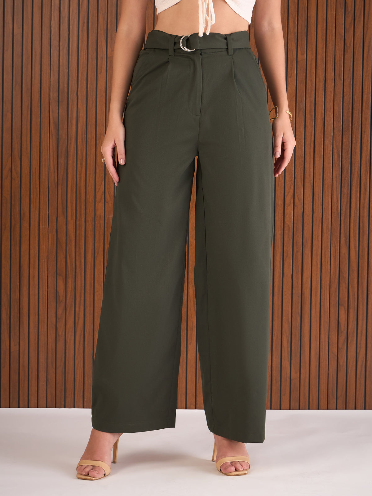 Olive Front Pleated Straight Fit Pants-SASSAFRAS