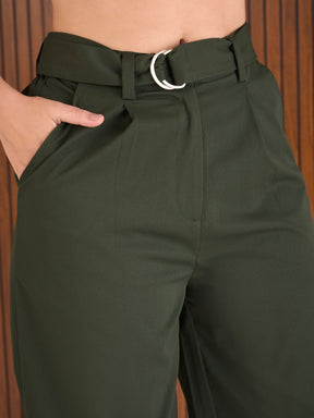 Olive Front Pleated Straight Fit Pants-SASSAFRAS