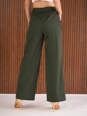 Olive Front Pleated Straight Fit Pants-SASSAFRAS