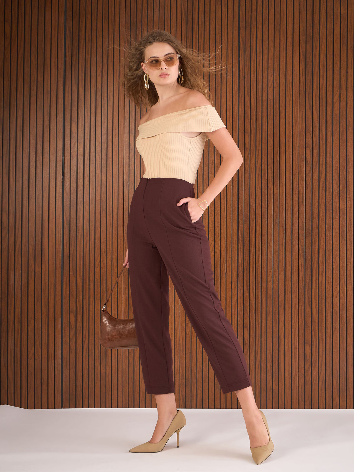 Burgundy Front Darted High Waisted Pants-SASSAFRAS