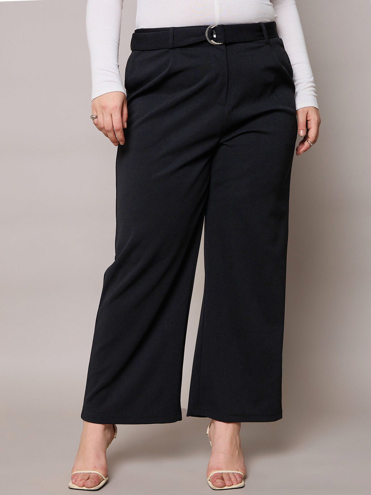 Black Straight Belted Pants-SASSAFRAS Curve