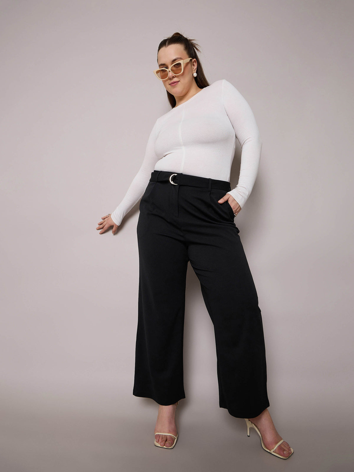 Black Straight Belted Pants-SASSAFRAS Curve