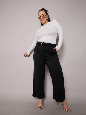 Black Straight Belted Pants-SASSAFRAS Curve