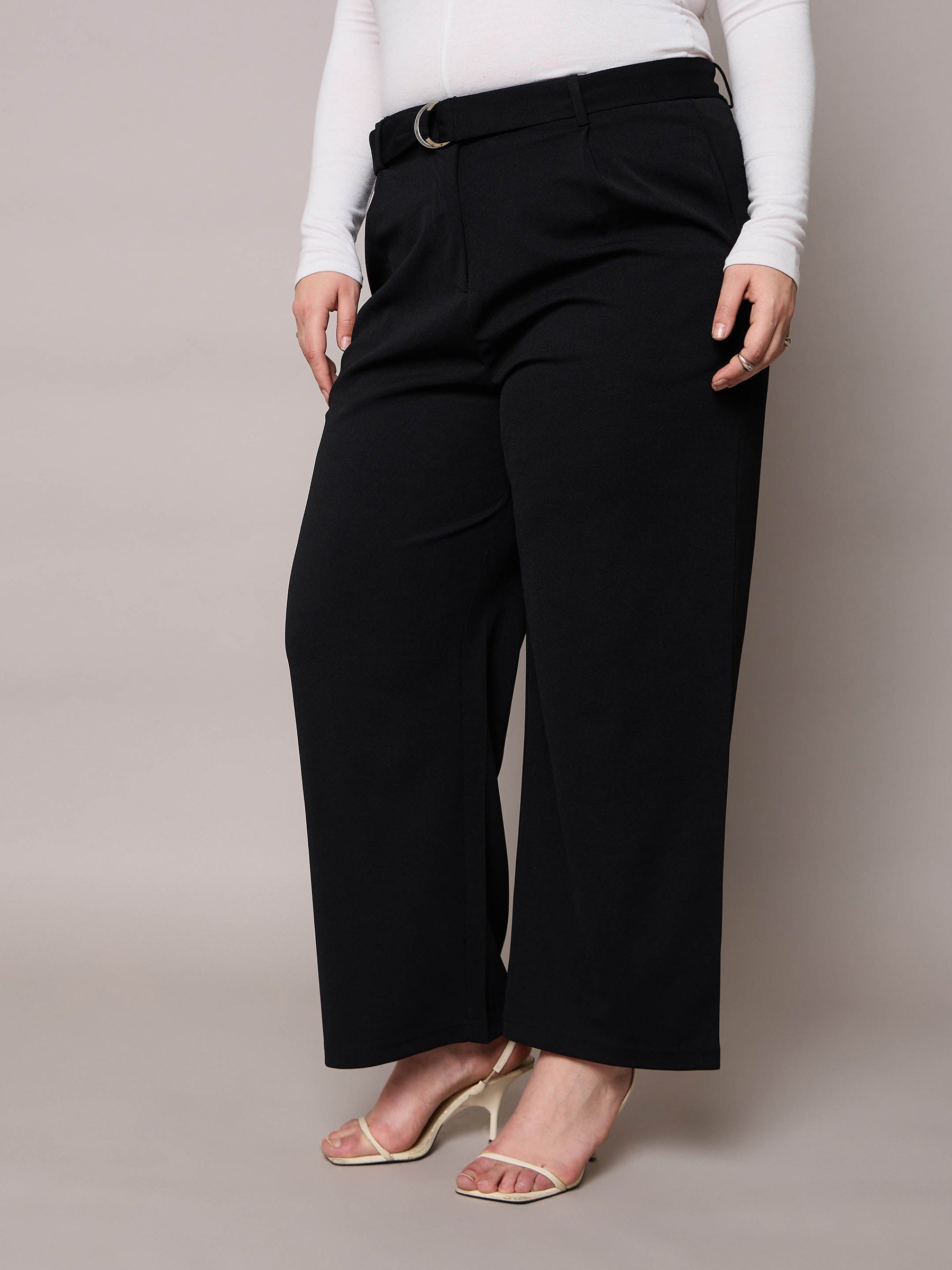 Black Straight Belted Pants-SASSAFRAS Curve