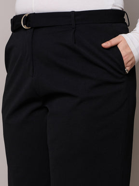 Black Straight Belted Pants-SASSAFRAS Curve