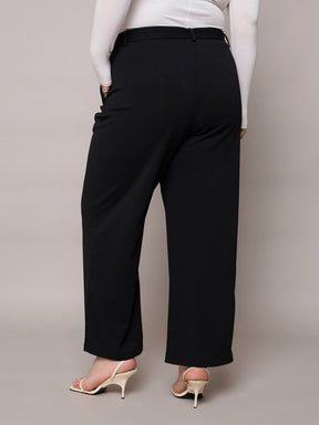 Black Straight Belted Pants-SASSAFRAS Curve