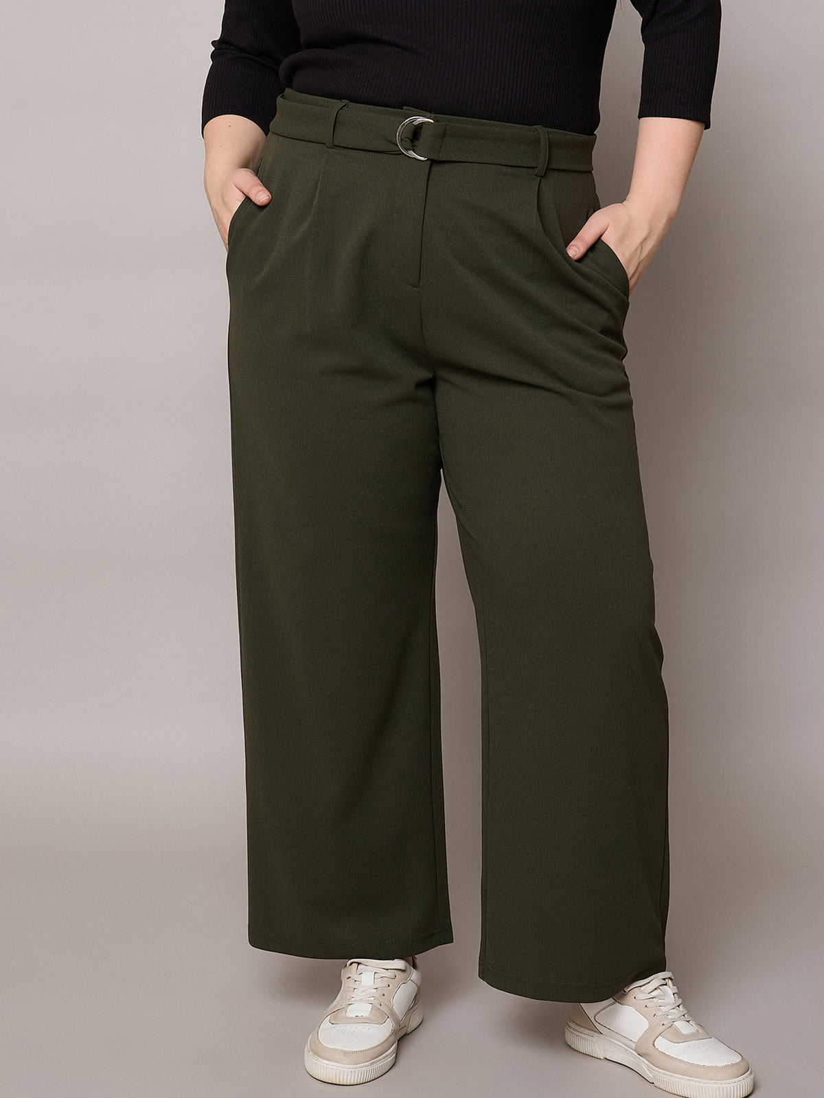 Olive Straight Belted Pants-SASSAFRAS Curve