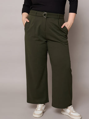 Olive Straight Belted Pants-SASSAFRAS Curve