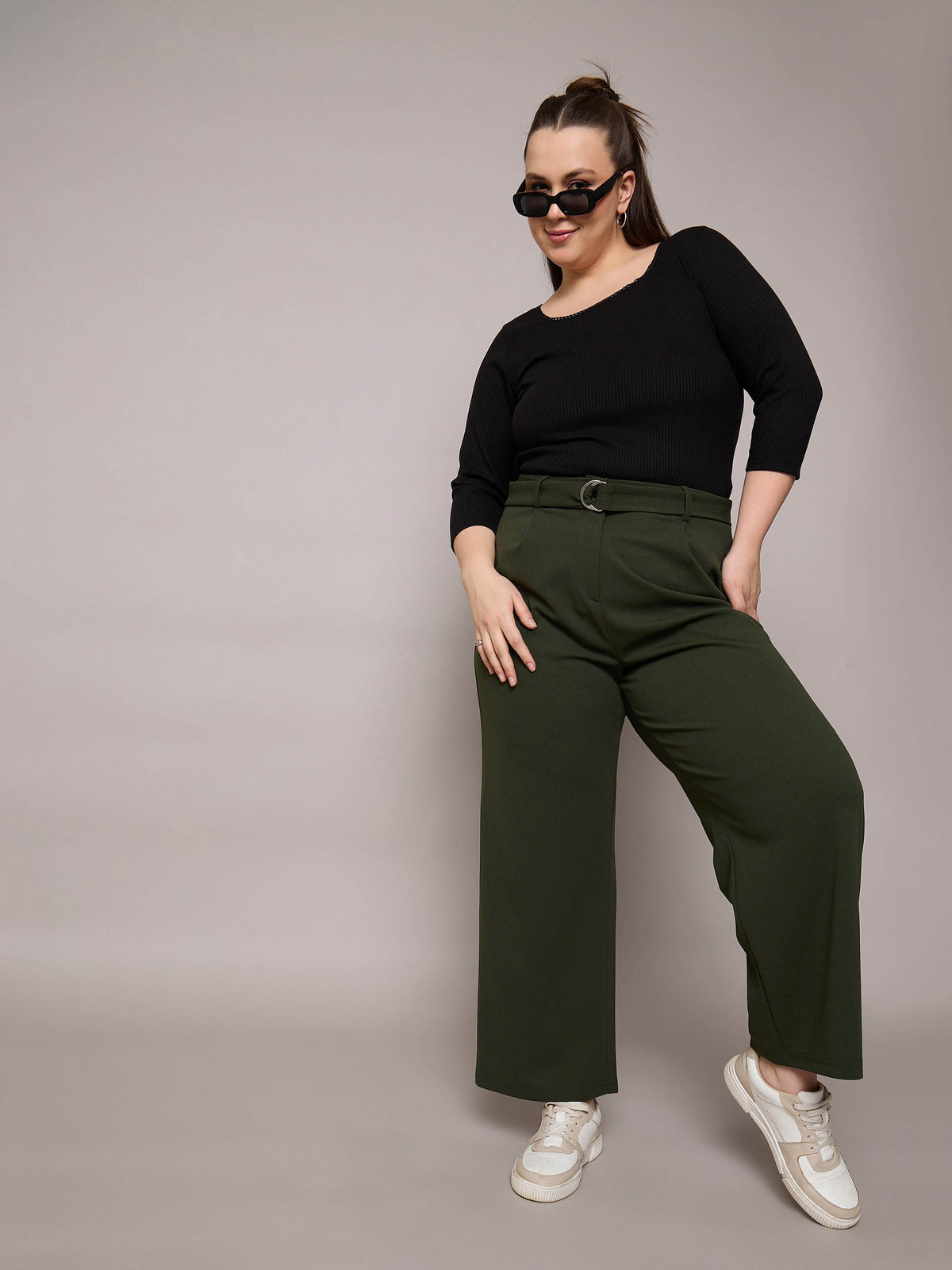 Olive Straight Belted Pants-SASSAFRAS Curve