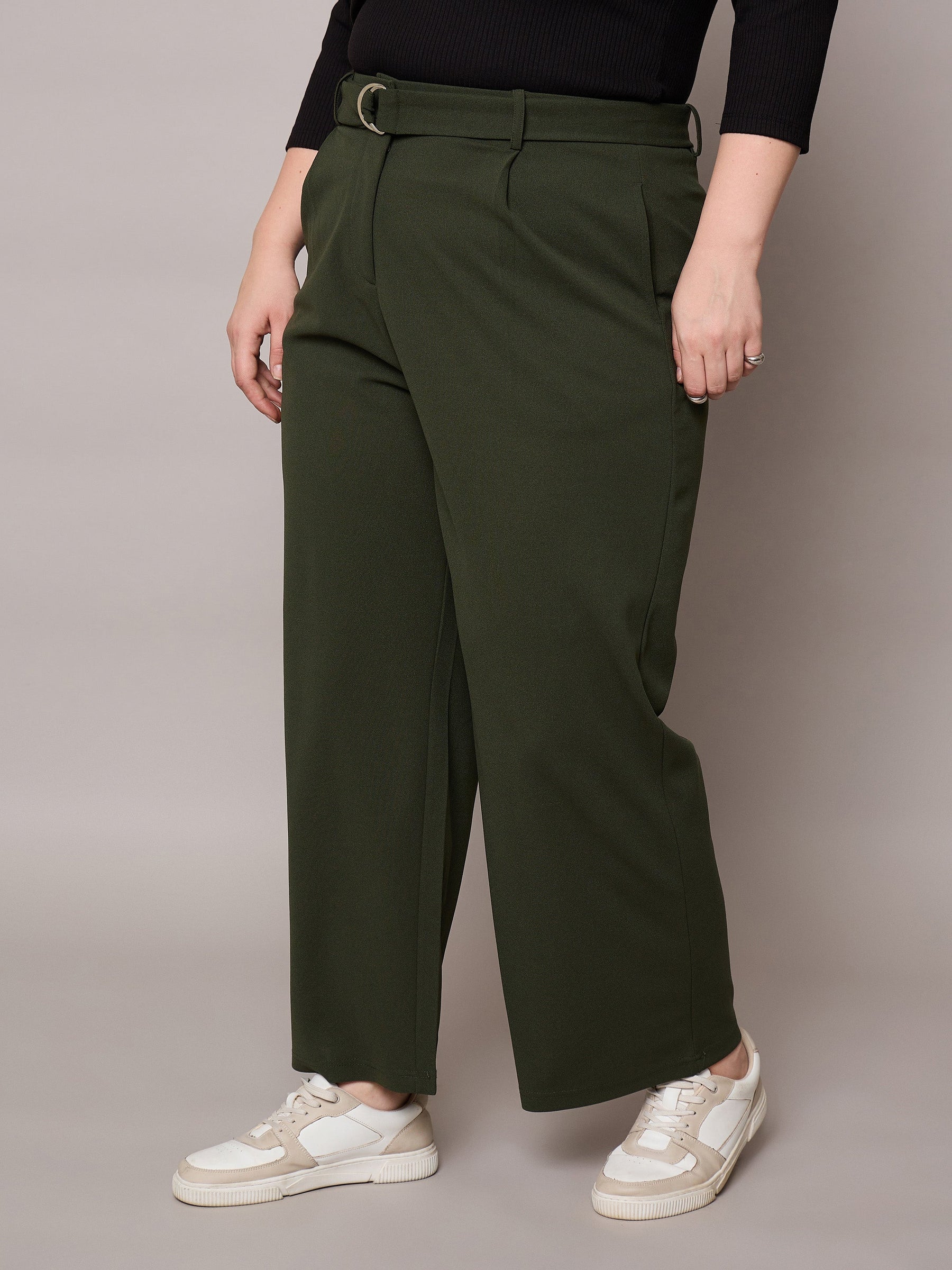 Olive Straight Belted Pants-SASSAFRAS Curve