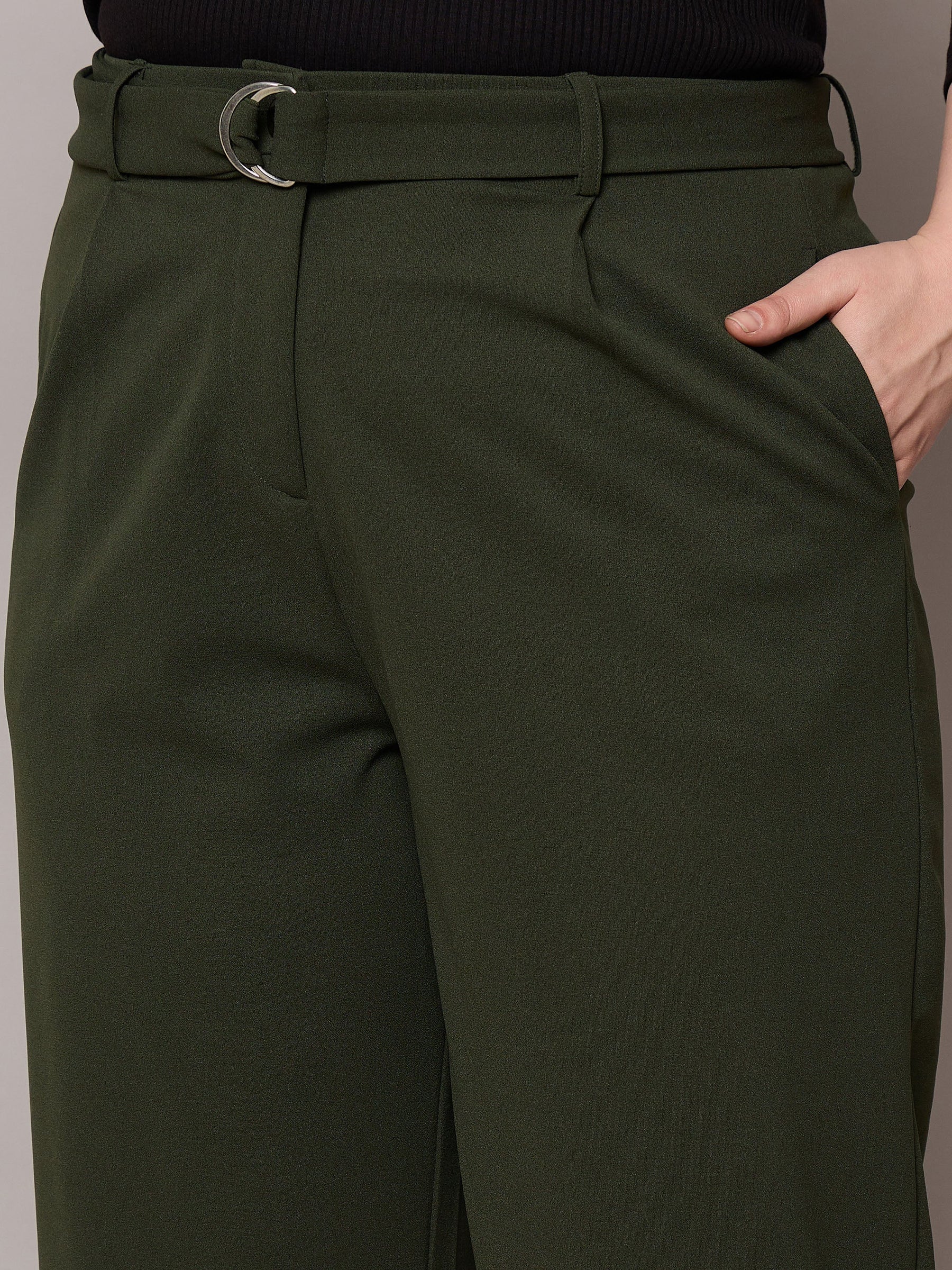 Olive Straight Belted Pants-SASSAFRAS Curve
