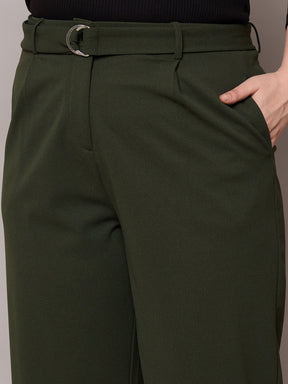 Olive Straight Belted Pants-SASSAFRAS Curve