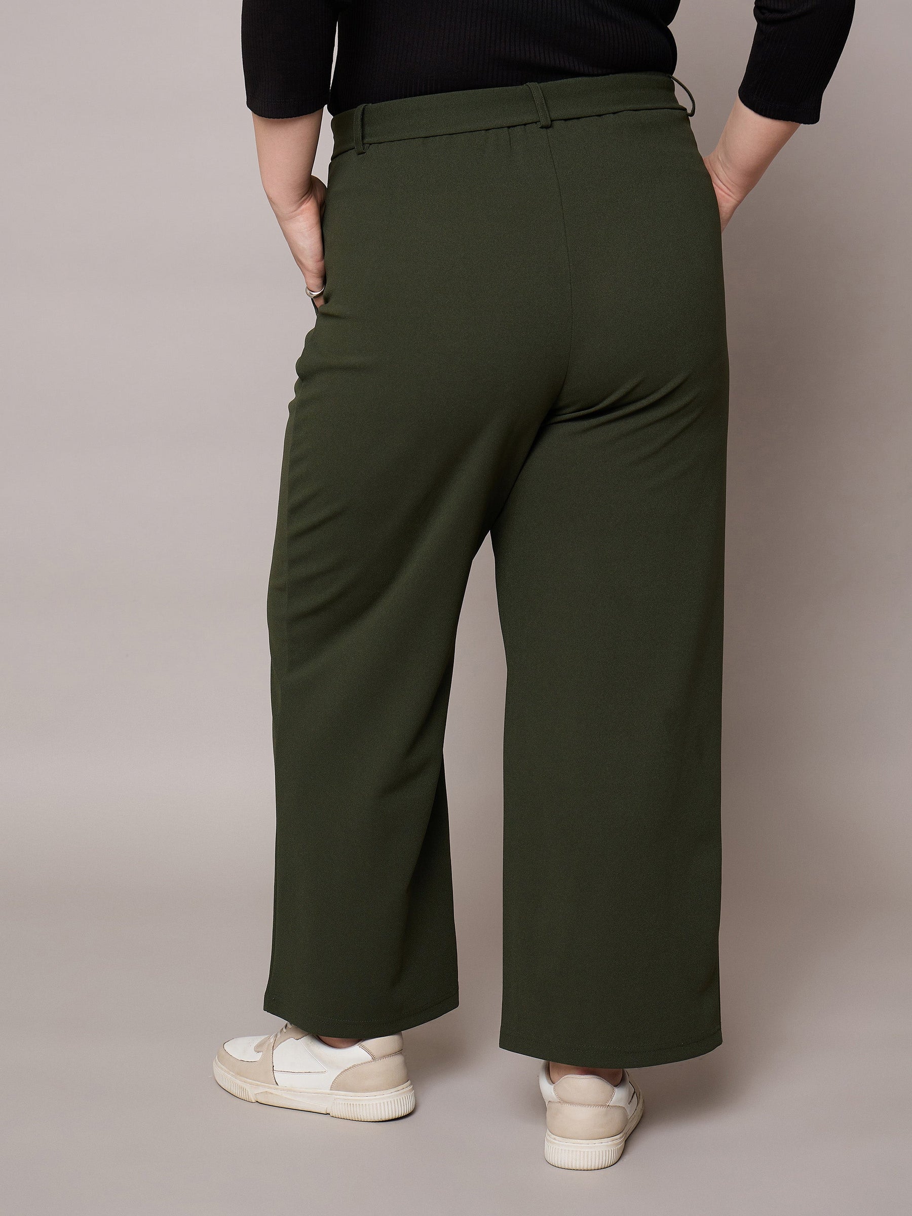 Olive Straight Belted Pants-SASSAFRAS Curve