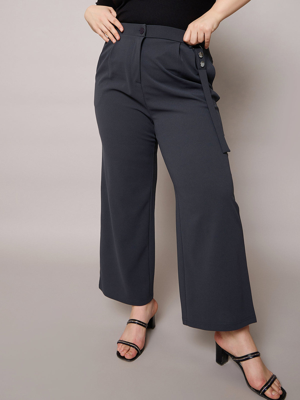 Grey Front Pleat Straight Pants-SASSAFRAS Curve