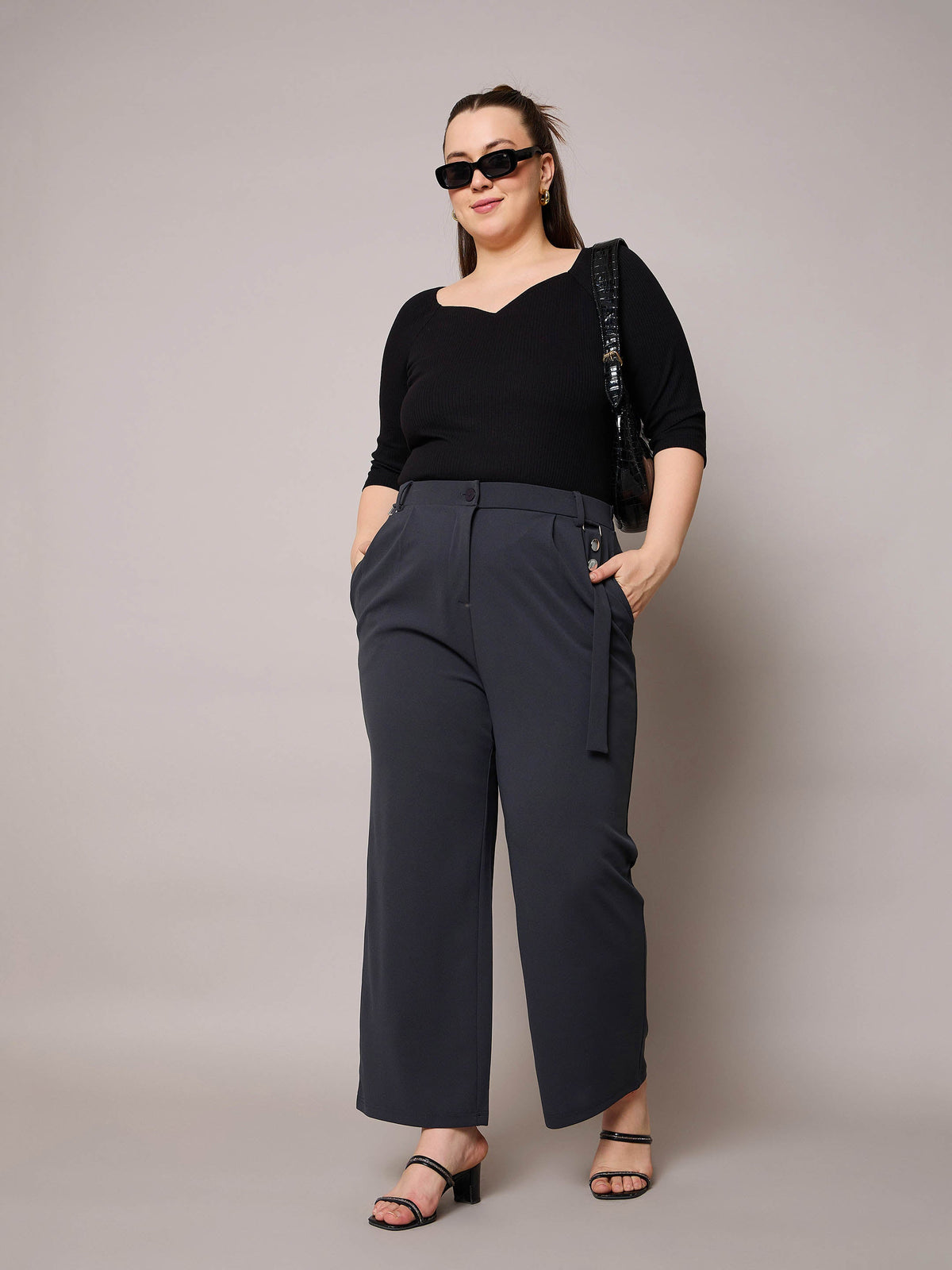 Grey Front Pleat Straight Pants-SASSAFRAS Curve