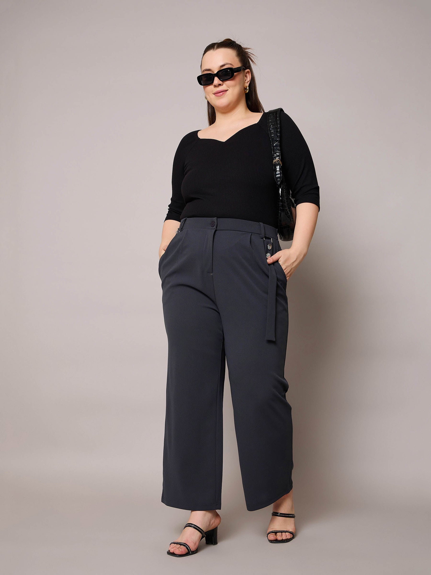 Grey Front Pleat Straight Pants-SASSAFRAS Curve