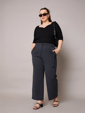Grey Front Pleat Straight Pants-SASSAFRAS Curve