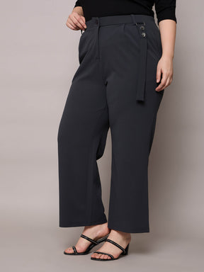 Grey Front Pleat Straight Pants-SASSAFRAS Curve