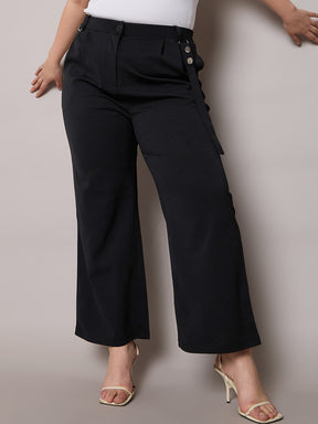 Black Front Pleat Straight Pants-SASSAFRAS Curve