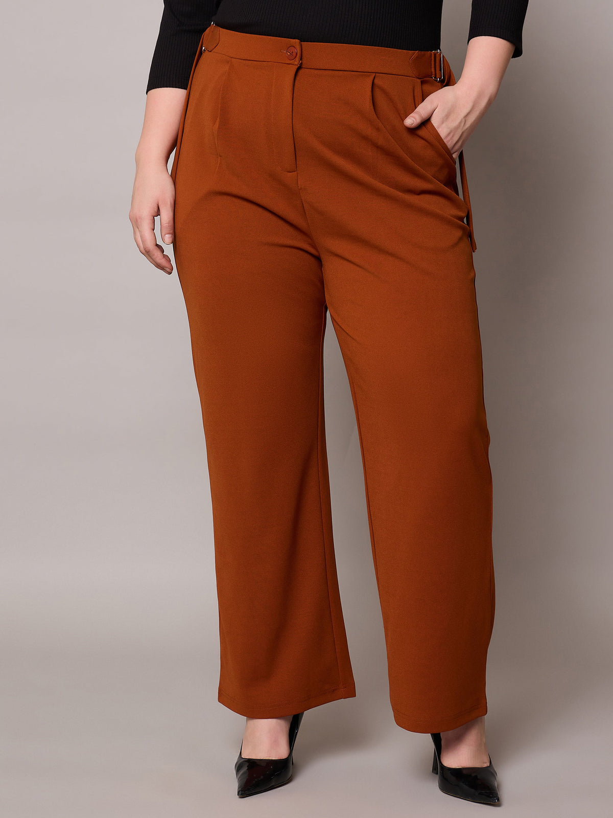 Rust Side Metal Buckle Straight Pants-SASSAFRAS Curve