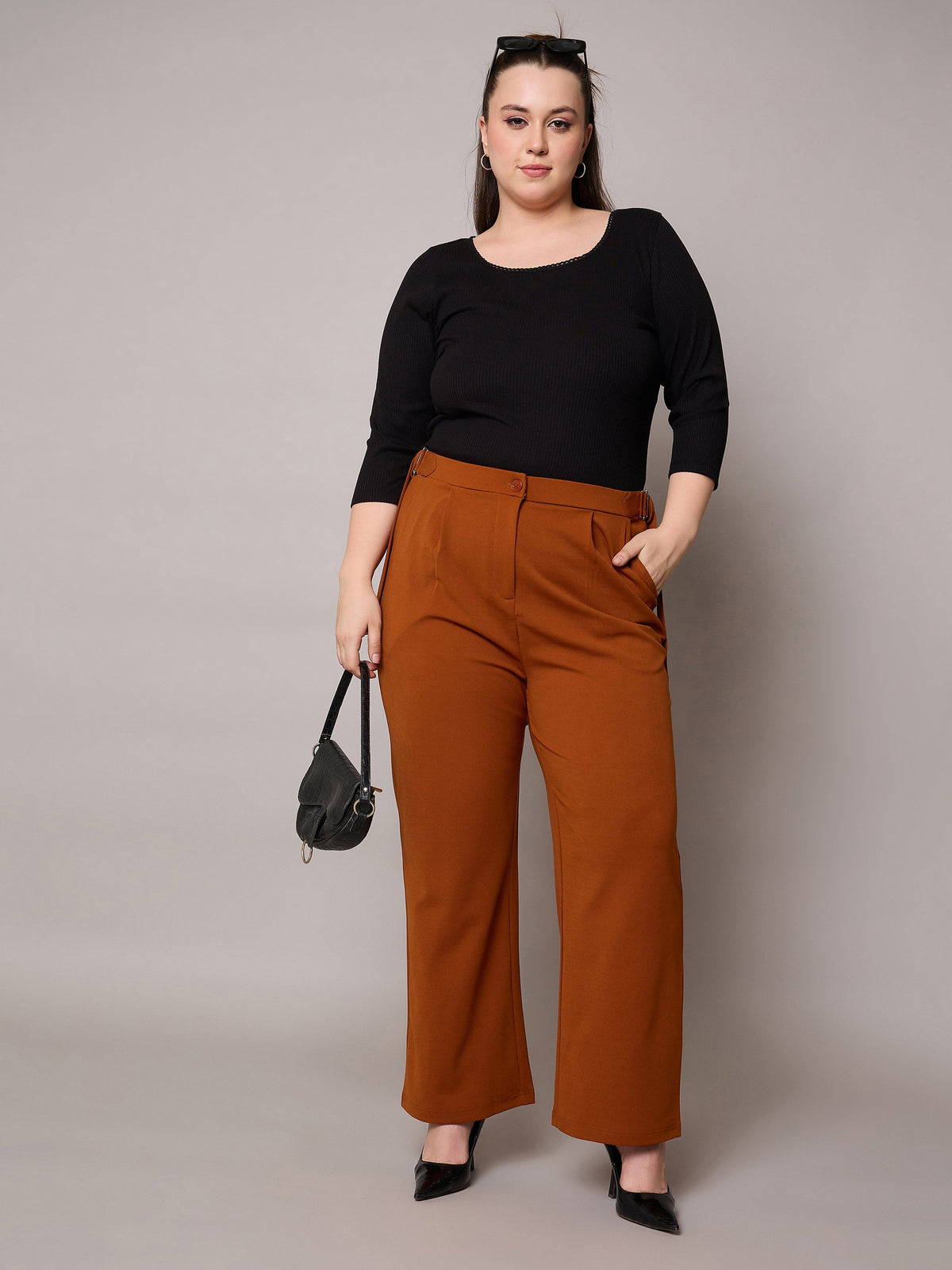 Rust Side Metal Buckle Straight Pants-SASSAFRAS Curve