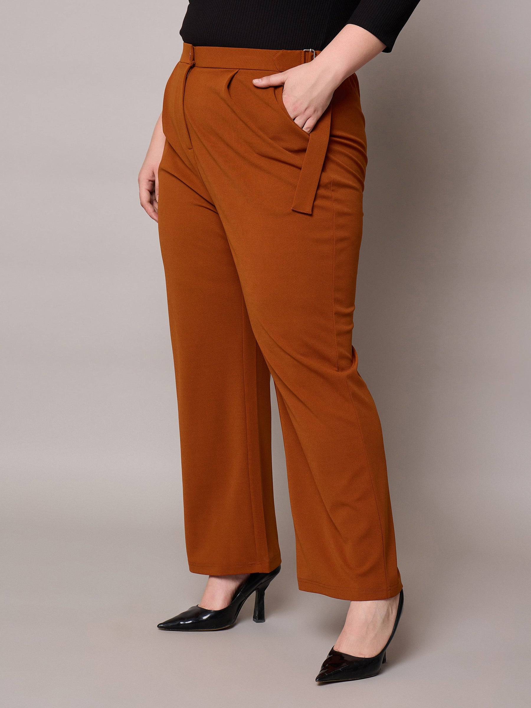 Rust Side Metal Buckle Straight Pants-SASSAFRAS Curve