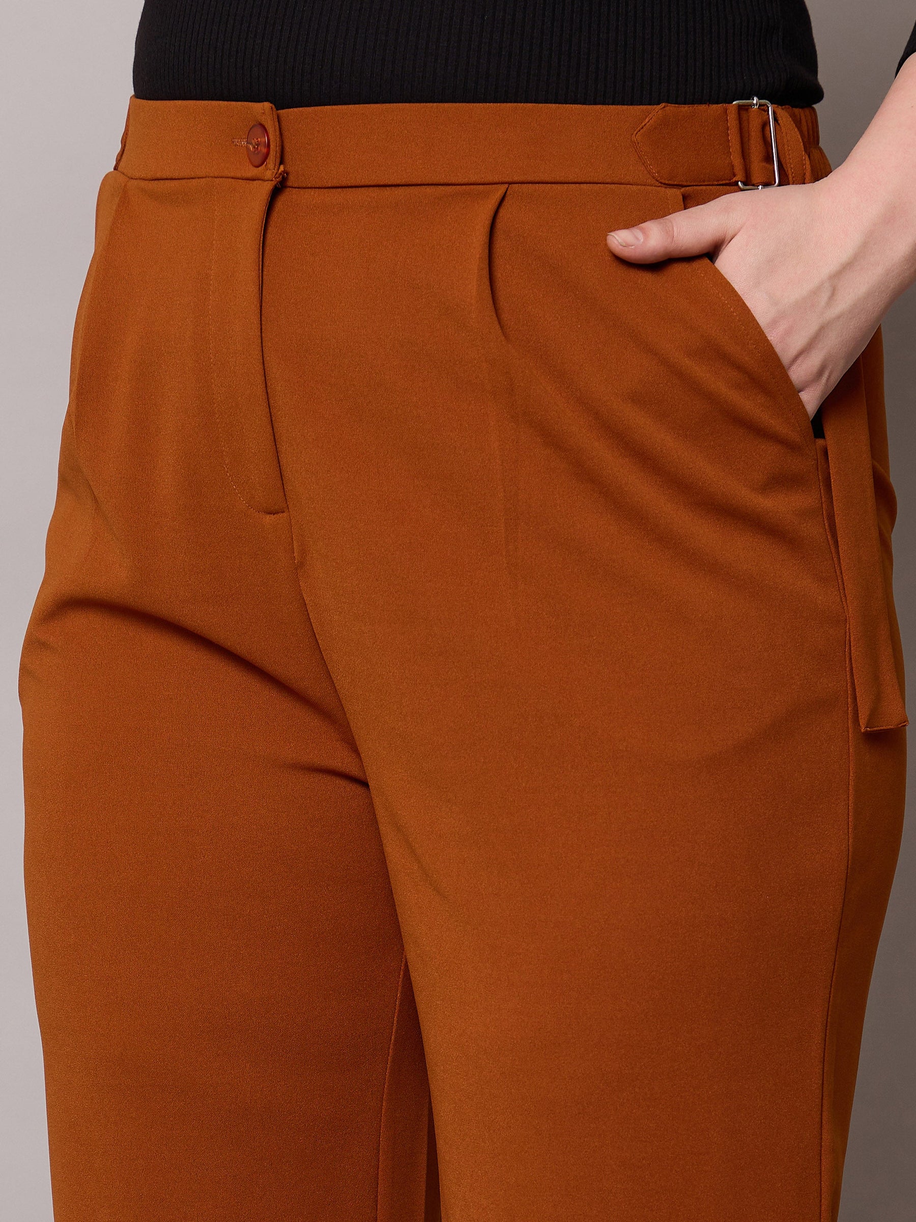 Rust Side Metal Buckle Straight Pants-SASSAFRAS Curve