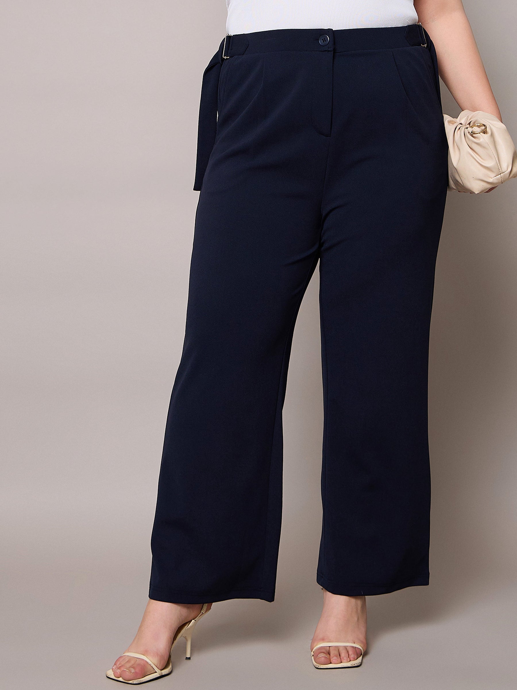Navy Side Metal Buckle Straight Pants-SASSAFRAS Curve