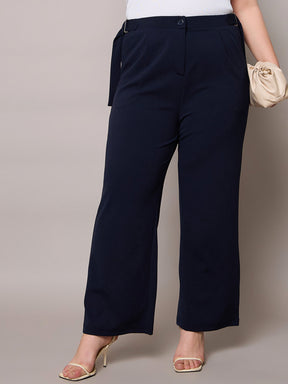 Navy Side Metal Buckle Straight Pants-SASSAFRAS Curve