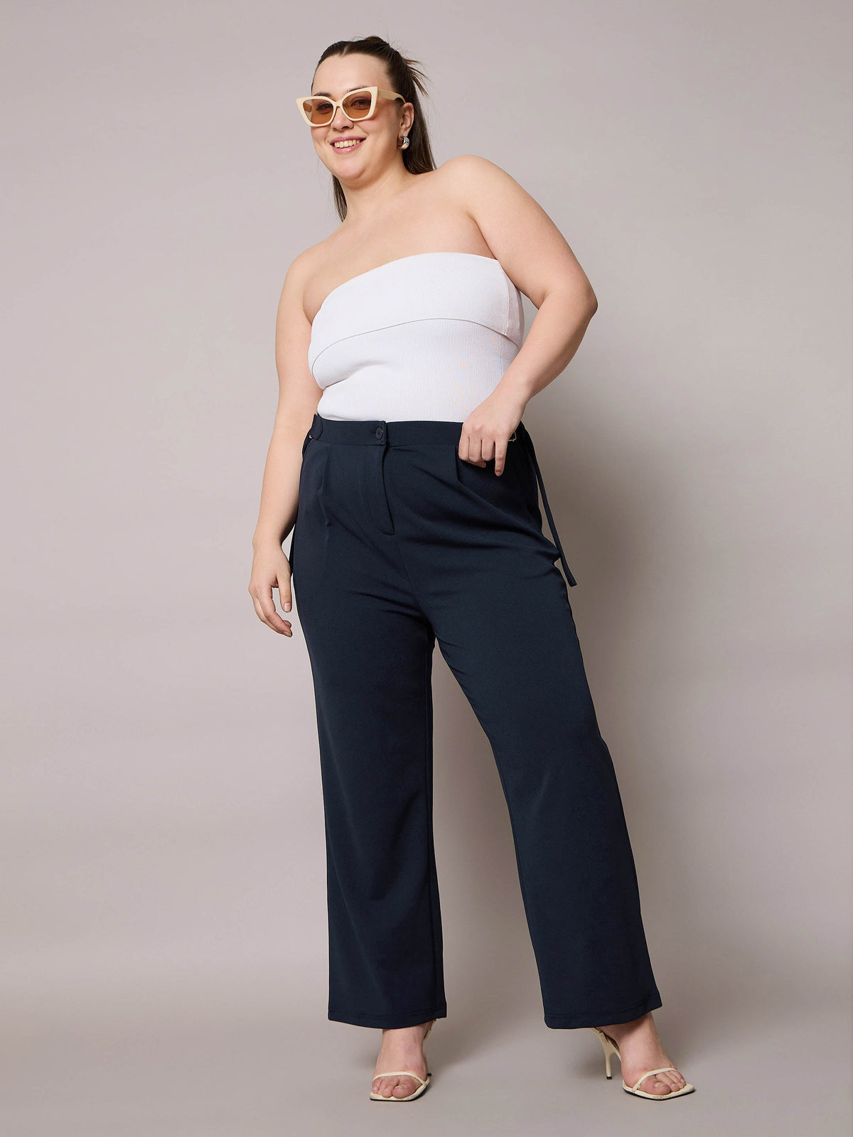 Navy Side Metal Buckle Straight Pants-SASSAFRAS Curve