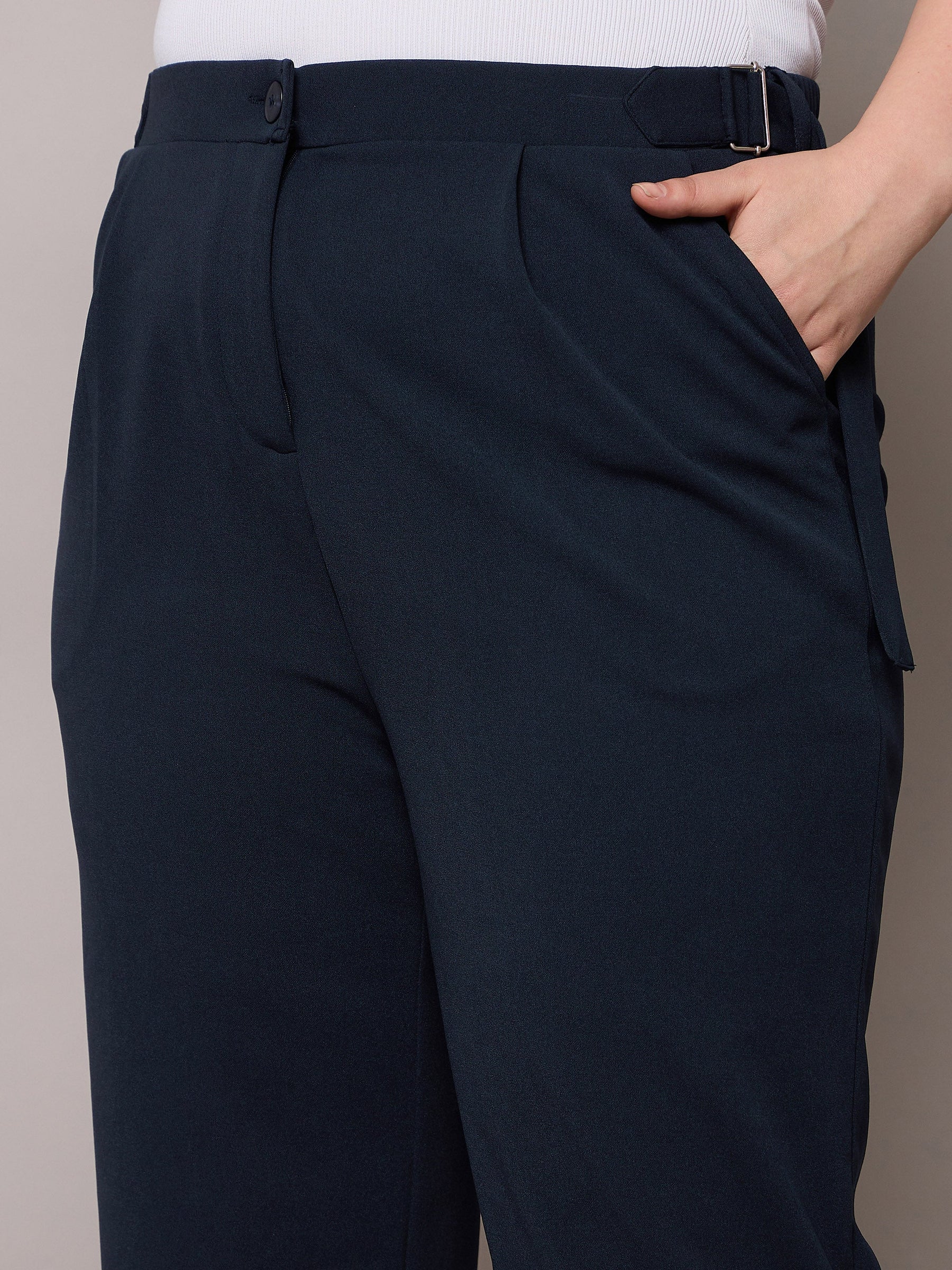 Navy Side Metal Buckle Straight Pants-SASSAFRAS Curve