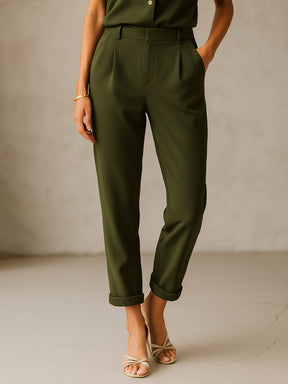 Olive Cross Pocket Bottom Fold Straight Pants-SASSAFRAS worklyf