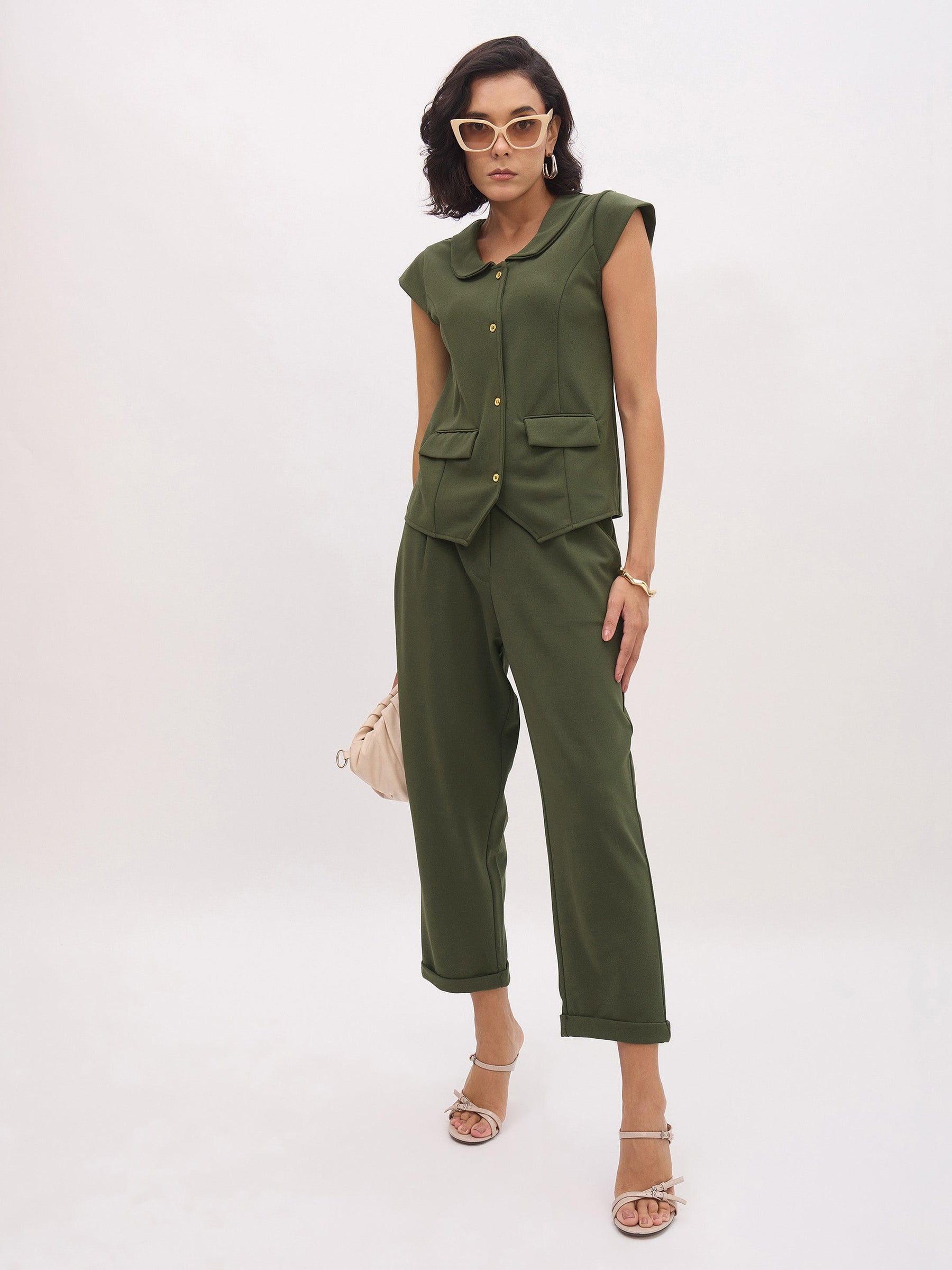Olive Cross Pocket Bottom Fold Straight Pants-SASSAFRAS worklyf