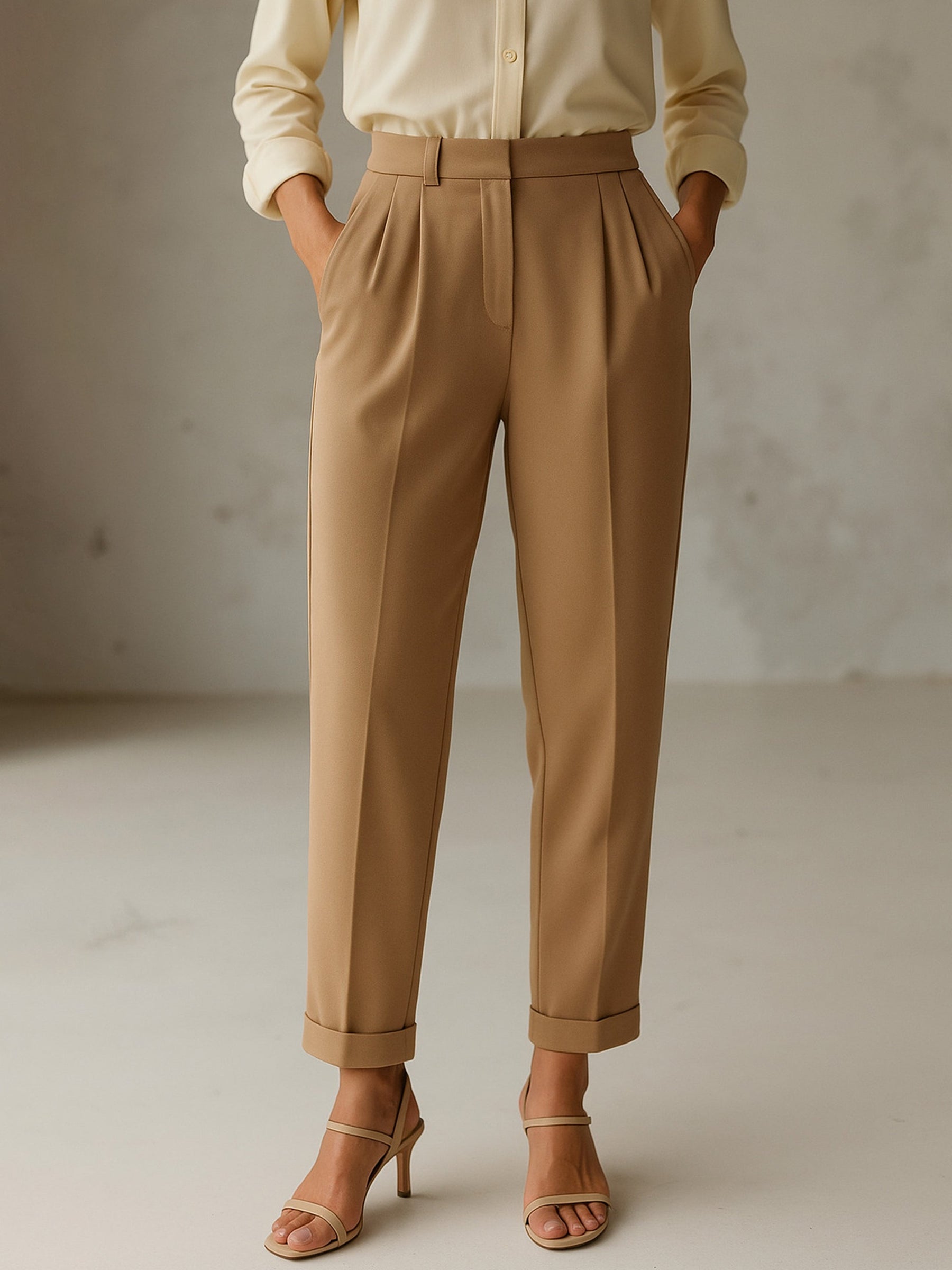 Beige Cross Pocket Bottom Fold Straight Pants-SASSAFRAS worklyf