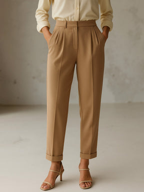 Beige Cross Pocket Bottom Fold Straight Pants-SASSAFRAS worklyf