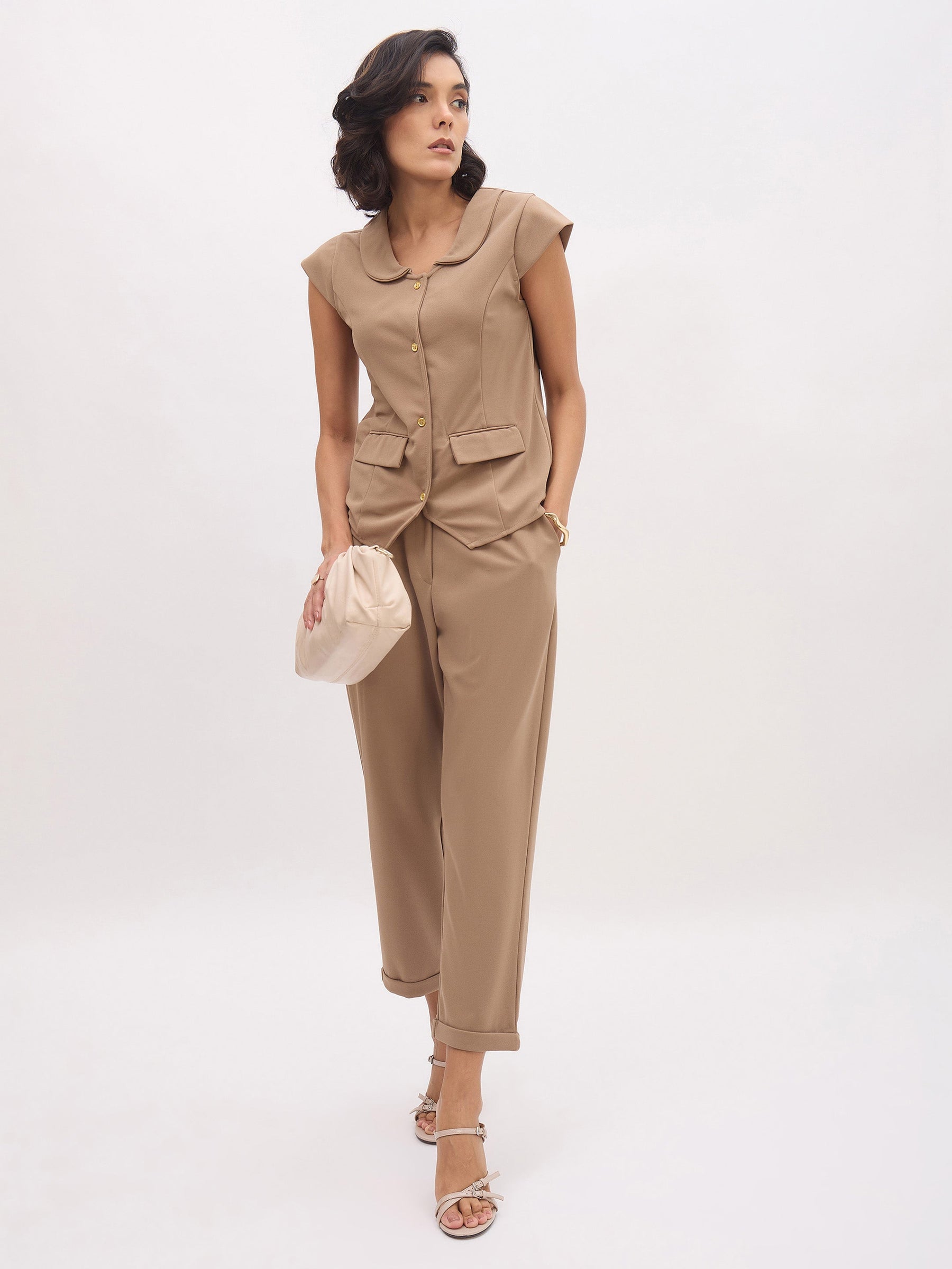 Beige Cross Pocket Bottom Fold Straight Pants-SASSAFRAS worklyf