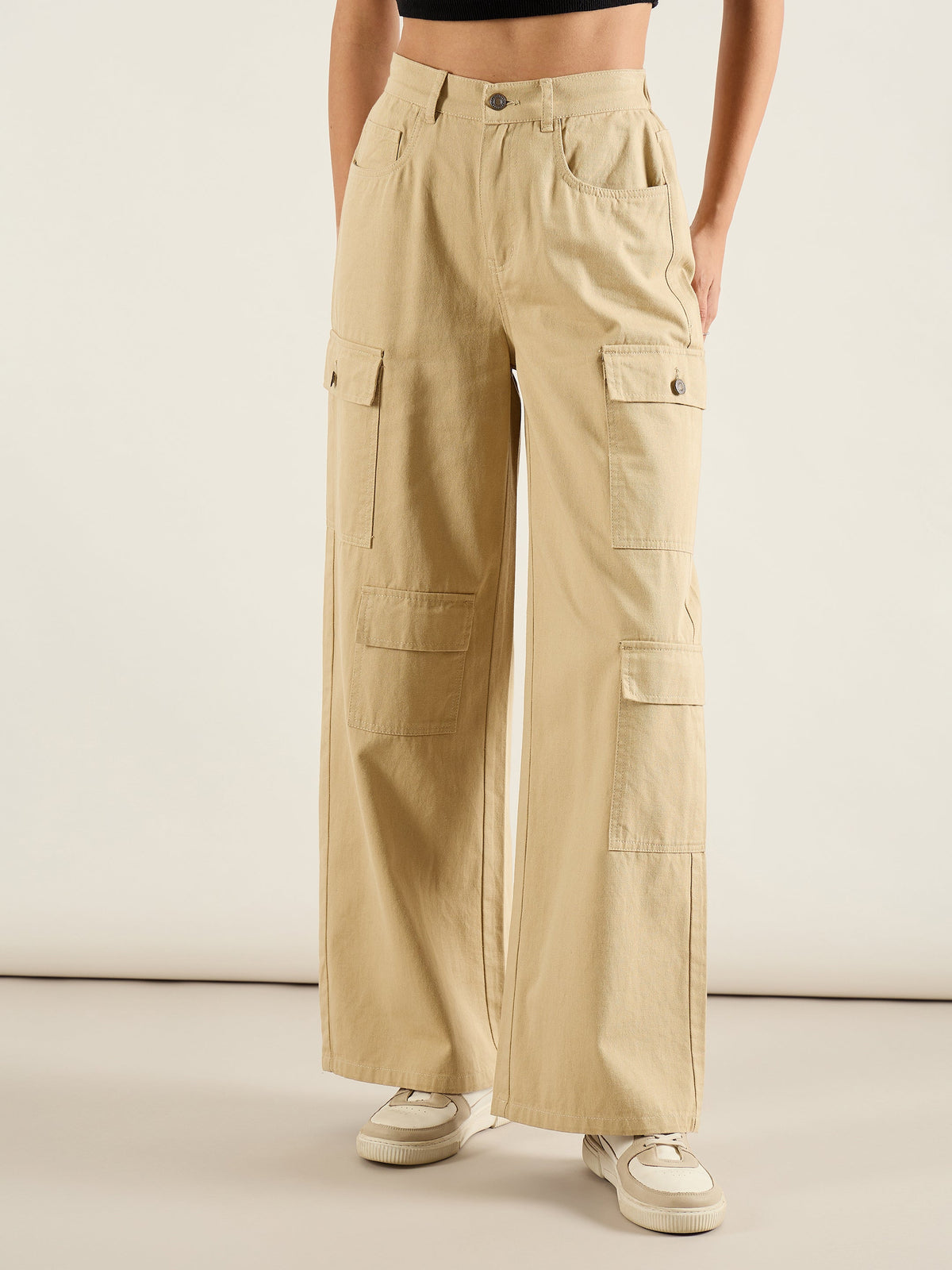 Beige Twill Multi Pocket Wide Leg Cargo Pants-SASSAFRAS