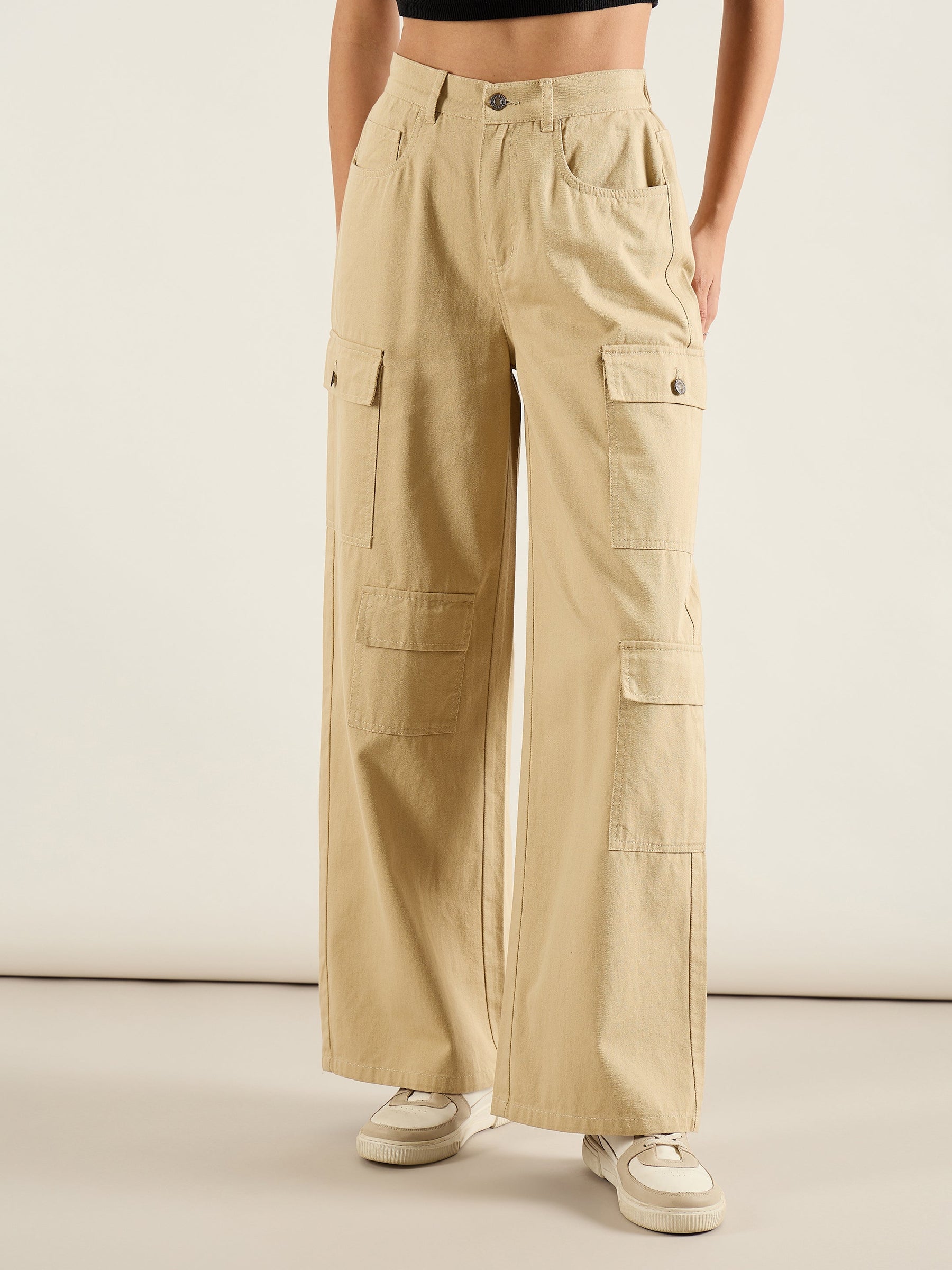 Beige Twill Multi Pocket Wide Leg Cargo Pants-SASSAFRAS