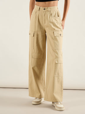 Beige Twill Multi Pocket Wide Leg Cargo Pants-SASSAFRAS