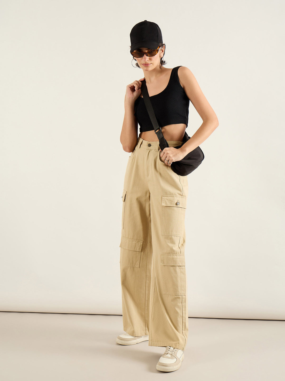 Beige Twill Multi Pocket Wide Leg Cargo Pants-SASSAFRAS
