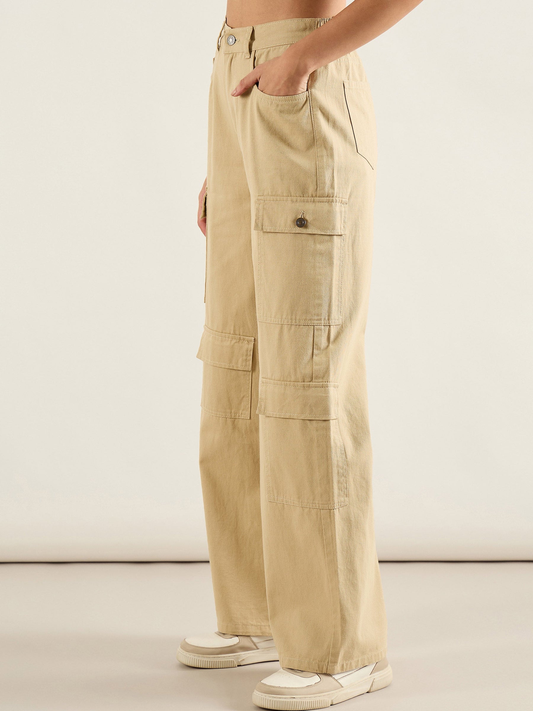 Beige Twill Multi Pocket Wide Leg Cargo Pants-SASSAFRAS